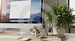 home office setup with architectural model house