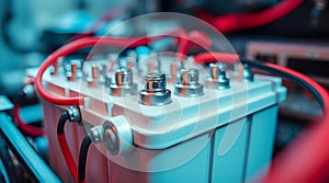 Car Battery Terminals with Red Cables - Automotive Electrical System Close-Up