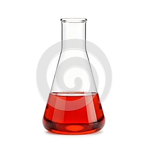 Laboratory erlenmeyer flask filled with red liquid substance