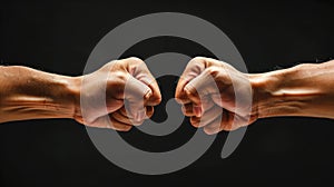 The image shows a close-up clash of two fists on a black background. The concept is of a confrontation, competition, etc