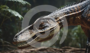 A close-up of a dinosaur's head, looking directly at the camera photo