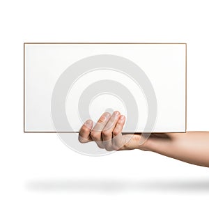 A hand holding a blank white rectangular object against a plain background