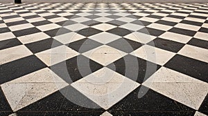 A checkered floor of black and white tiles.