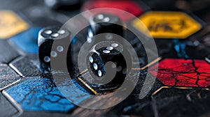 A black and red game board with three dice on it.