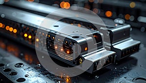 Close-up of a network switch or server hardware with glowing orange lights