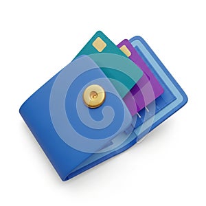 A blue wallet holding multiple cards and a coin slot button