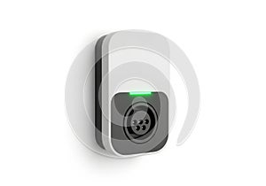 Modern smart plug mounted on a white wall with glowing green indicator light