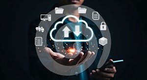 Cloud computing technology concept presenting data storage and server icons on a digital screen