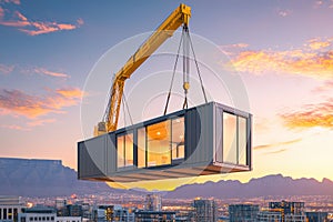 Crane trucks transporting mobile office buildings for construction site installation, aiding in project mobilization and