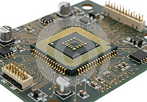 Close-up view of a circuit board with a central processor chip and components