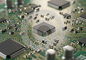 Close-up view of a complex circuit board with multiple integrated circuits