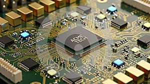 Close-up view of a complex electronic circuit board with various components