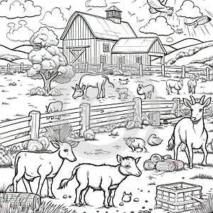 The image shows a detailed line drawing of a rural farm scene with a barn, animals, and trees photo