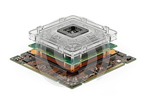 Close-up view of a modern cpu processor mounted on a circuit board assembly