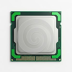 Close-up view of a modern cpu processor chip on a green socket base
