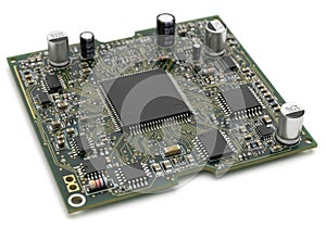 Close-up view of a complex embedded circuit board with multiple components