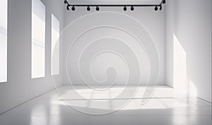 A minimalist white room with three windows and track lighting