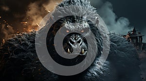 The image shows a fierce-looking gorilla in front of an intense background of flames. Image conveys a sense of danger and ferocity