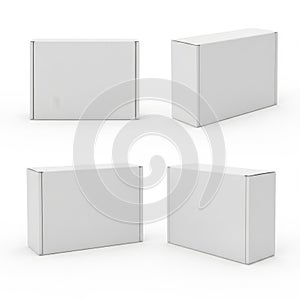 Four identical white rectangular boxes arranged in a square formation