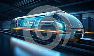 The image shows a futuristic express train moving at high speed through a tunnel.