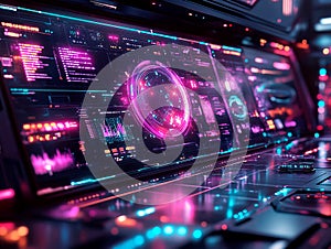 Image shows a futuristic, interactive control panel with various interfaces, holographic displays, and control buttons photo