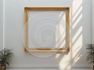 The image shows a golden frame on a white wall with two plants on the sides