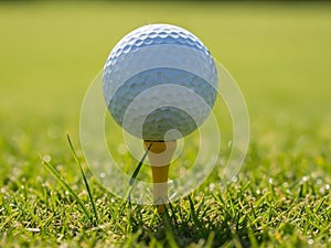 A golf ball teed up on a grassy golf course