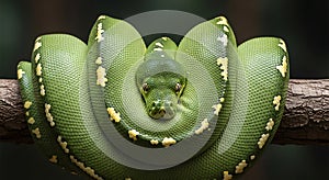 green tree python coiled on a branch