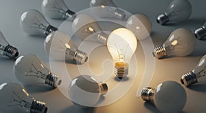illuminated bulb among unlit lightbulbs concept