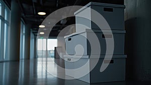 A stack of four white storage boxes with black handles.