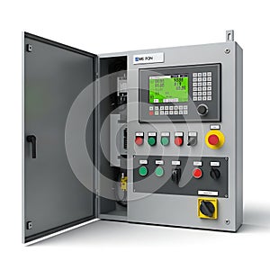 Industrial control panel with digital interface and emergency stop button open