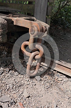 Industrial mine cart scene focusing on chain linkage photo