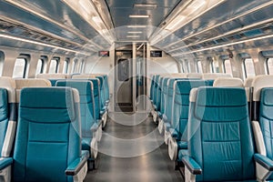 The image shows the inside of a silver and blue train