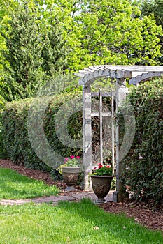 Arched wooden arbor trellis in a ornamental garden