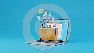 Digital files and documents uploading from a laptop to a virtual folder in the cloud