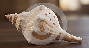 Large Pinkish White Conch Shell on Wooden Table photo