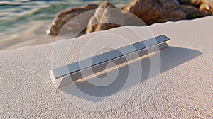 A shiny silver bar on a sandy beach.