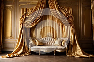 The image shows a luxurious living room with a plush velvet couch positioned under a canopy of gold curtains. The sunlight streams