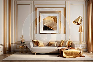 The image shows a luxurious living room with a plush velvet couch positioned under a canopy of gold curtains. The sunlight streams