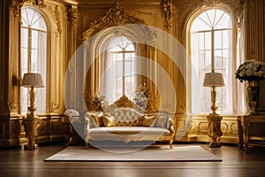 The image shows a luxurious living room with a plush velvet couch positioned under a canopy of gold curtains. The sunlight streams