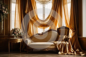 The image shows a luxurious living room with a plush velvet couch positioned under a canopy of gold curtains. The sunlight streams