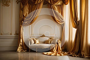 The image shows a luxurious living room with a plush velvet couch positioned under a canopy of gold curtains. The sunlight streams