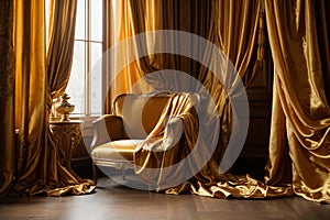 The image shows a luxurious living room with a plush velvet couch positioned under a canopy of gold curtains. The sunlight streams