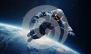 this image shows a man in space flying against the earth