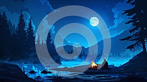 The image shows a man standing near a fire in a forest at night. There is a full moon and star in the dark sky. This