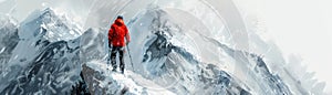 The image shows a man standing on a snow-capped mountain peak