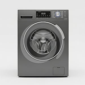 Modern front-loading washing machine with digital display and various control knobs. isolated on transparent background