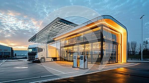 The image shows a modern gas station with a truckTing Kao Jia You