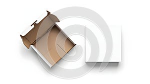 Open cardboard box next to a plain white box on a flat surface