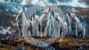 Image shows a pack of wolves standing on a grassy hilltop, with a forest and mountains